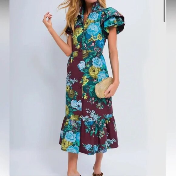 Tuckernuck Alice Midi Dress XL Merlot Oxblood Verdant Floral Print Cotton - Picture 2 of 15